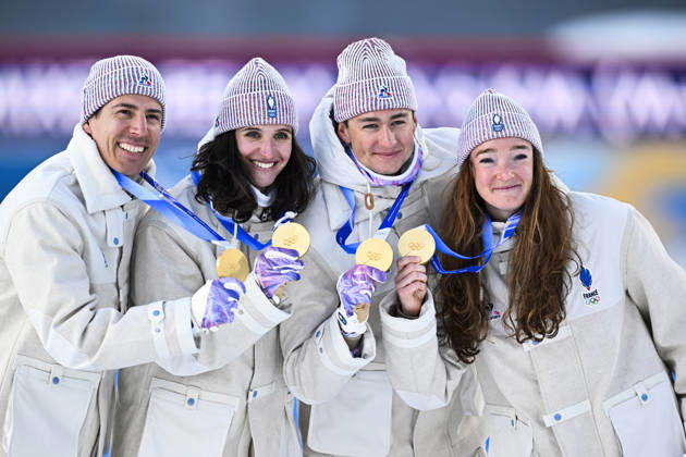 ANTERSELVA, ITALY 20260208 The French team wins the mixed 4x6 km biathlon relay during the Winter Olympics in Anterselva, Italy. From left: Julia Simon, Lou Jeanmonnot, Quentin Fillon Maillet and Eric Perrot. ANTERSELVA ITALY x10050x