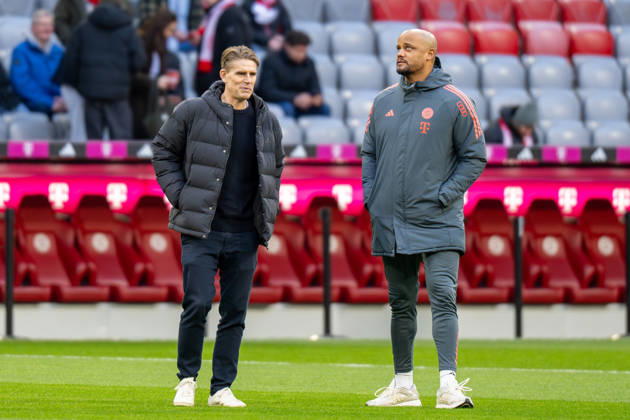 Christoph Freund, Sportdirektor FC Bayern Muenchen, Cheftrainer Vincent Kompany (FC Bayern Muenchen) kommen auf den Platz, FC Bayern Muenchen - TSG Hoffenheim, Fussball, Bundesliga, 21. Spieltag, 08.02.2026 DFB regulations prohibit any use of photographs as image sequences and or quasi-video Muenchen Bayern Deutschland