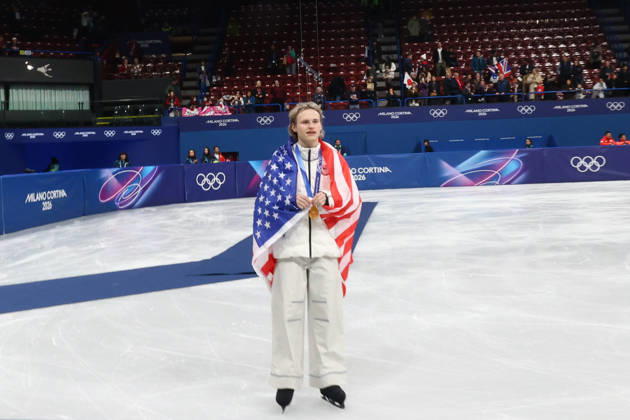February 8, 2026, Milan, Lombardy, Italy: ILIA MALININ of Team USA celebrates winning the gold medal during the Victory Ceremony of the Figure skating, Eiskunstlauf Team Event at the Milano Cortina 2026 Winter Olympic Games, Olympische Spiele, Olympia, OS Milan Italy - ZUMAc179 20260208_oly_c179_098 Copyright: xMickaelxChavetx
