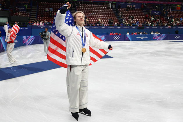 February 8, 2026, Milan, Lombardy, Italy: ILIA MALININ of Team USA celebrates winning the gold medal during the Victory Ceremony of the Figure skating, Eiskunstlauf Team Event at the Milano Cortina 2026 Winter Olympic Games, Olympische Spiele, Olympia, OS Milan Italy - ZUMAc179 20260208_oly_c179_122 Copyright: xMickaelxChavetx