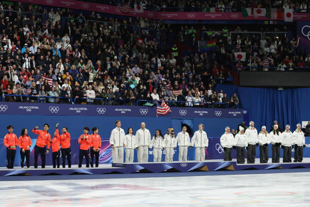 February 8, 2026, Milan, Lombardy, Italy: Team USA, Team Japan and Team Italy are the gold, silver and bronze medal winners during the Victory Ceremony of the Figure skating, Eiskunstlauf Team Event at the Milano Cortina 2026 Winter Olympic Games, Olympische Spiele, Olympia, OS Olympics 2026: Milano Cortina: Figure Skating Team Event - ZUMAc179 20260208_oly_c179_149 Copyright: xMickaelxChavetx