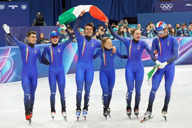Italy team group, Mannschaftsbild, Totale (ITA), FEBRUARY 10, 2026 - Short Track : Mixed Team Relay Final during the Milano Cortina 2026 Olympic Winter games, Winterspiele,Spiele, Summer games at Milano Ice Skating Arena in Milan, Italy. Noxthirdxpartyxsales aflo_319329266