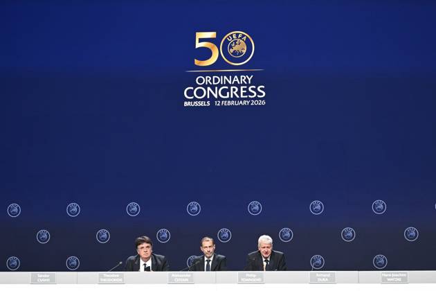 50th UEFA Congress & 2026 2027 UEFA Nations League - League phase draw BRUSSELS, BELGIUM - FEBRUARY 12 : Aleksander Ceferin, President of UEFA talking to the press during a press conference, PK, Pressekonferenz during 50th Ordinary UEFA Congress & 2026 2027 UEFA Nations League - League phase draw in Brussels Expo on February 12, 2026 in Brussels, Belgium, 12 02 2026 Brussels Belgium  Copyright: xNicoxVereeckenx