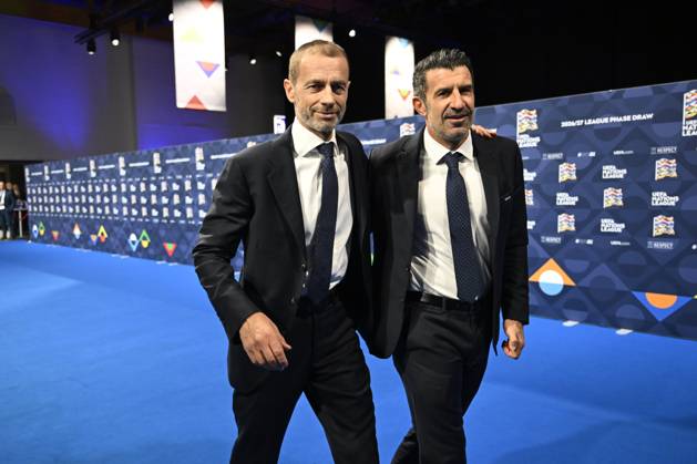 50th UEFA Congress & 2026 2027 UEFA Nations League - League phase draw BRUSSELS, BELGIUM - FEBRUARY 12 : Aleksander Ceferin , president of UEFA with Luís Figo , football icon of Portugal during 50th Ordinary UEFA Congress & 2026 2027 UEFA Nations League - League phase draw in Brussels Expo on February 12, 2026 in Brussels, Belgium, 12 02 2026 Brussels Belgium  Copyright: xNicoxVereeckenx