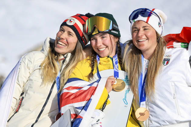 OLYMPICS - Winter Olympic Games, Olympische Spiele, Olympia, OS Milano Cortina 2026 LIVIGNO,ITALY,13.FEB.26 - OLYMPICS, SNOWBOARD - Winter Olympic Games Milano Cortina 2026, Snowboard Cross, women, final, medal ceremony. Image shows the rejoicing of Eva Adamczykova (CZE), Josie Baff (AUS) and Michela Moioli (ITA). Keywords: medal. GEPAxpictures xWolfgangxGrebien