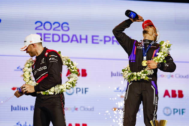 2026 FORMULA E JEDDAH ePRIX WEHRLEIN Pascal (ger), Porsche Formula E Team, Porsche 99X Electric, portrait, podium during the Jeddah ePrix, 4th and 5th round of the 2025-26 ABB FIA Formula E World Championship, WM, Weltmeisterschaft on the Jeddah Corniche Circuit from February 12 to 14, 2026 in Jeddah, Saudi Arabia - JeddahSaudi Arabia  Copyright: xJULIENxDELFOSSEx