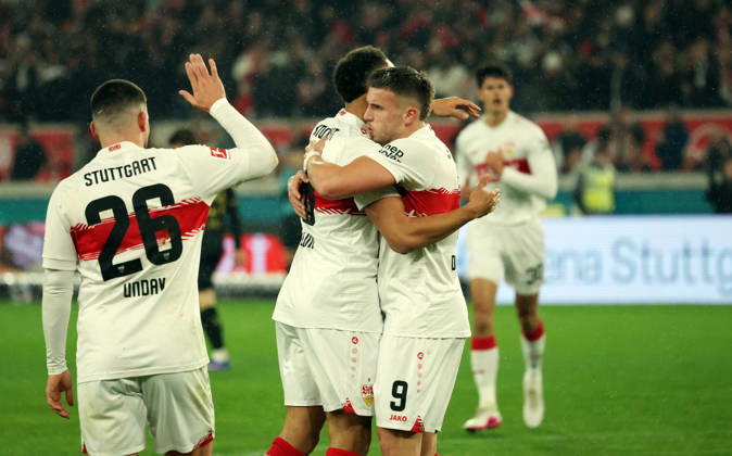 14.02.26 VfB Stuttgart - 1. FC Köln Deutschland, Stuttgart, 14.02.2026, Fussball, Bundesliga, Saison 2025 2026, VfB Stuttgart - 1. FC Köln: Ermedin Demirovic (VfB Stuttgart); Jubel Tor 1:0 Demirovic.