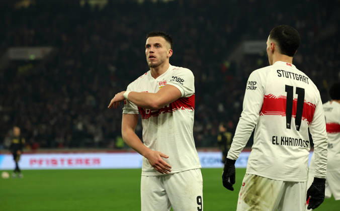 14.02.26 VfB Stuttgart - 1. FC Köln Deutschland, Stuttgart, 14.02.2026, Fussball, Bundesliga, Saison 2025 2026, VfB Stuttgart - 1. FC Köln: Ermedin Demirovic (VfB Stuttgart); Jubel Tor 2:1 Demirovic.