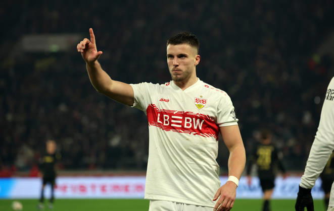 14.02.26 VfB Stuttgart - 1. FC Köln Deutschland, Stuttgart, 14.02.2026, Fussball, Bundesliga, Saison 2025 2026, VfB Stuttgart - 1. FC Köln: Ermedin Demirovic (VfB Stuttgart); Jubel Tor 2:1 Demirovic.