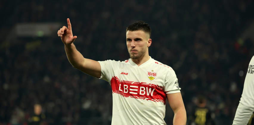 14.02.26 VfB Stuttgart - 1. FC Köln Deutschland, Stuttgart, 14.02.2026, Fussball, Bundesliga, Saison 2025 2026, VfB Stuttgart - 1. FC Köln: Ermedin Demirovic (VfB Stuttgart); Jubel Tor 2:1 Demirovic.