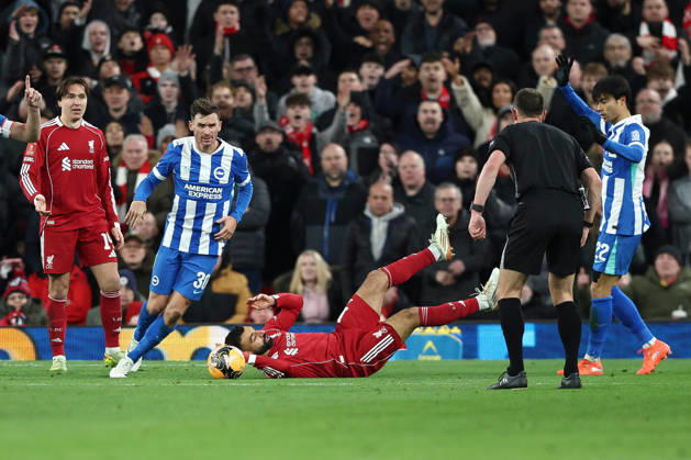 Liverpool v Brighton & Hove Albion, Emirates FA Cup Pascal Gross of Brighton And Hove Albion fouls Mohamed Salah of Liverpool, PENALTY, during the Liverpool v Brighton & Hove Albion Emirates FA Cup 4th Round match at Anfield, Liverpool, England on 14 February 2026 Credit: Ian Stephen Every Second Media Editorial use only. All images are copyright Every Second Media Limited. No images may be reproduced without prior permission. All rights reserved. Premier League and Football League images are subject to licensing agreements with Football DataCo Limited. see https: www.football-dataco.com Copyright: xIMAGO EveryxSecondxMediax ESM-1800-0062 IanxStephenx xEveryxSecondxMediax