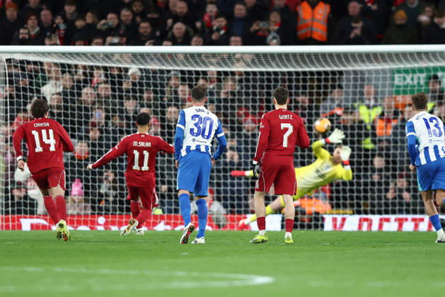 Liverpool v Brighton & Hove Albion, Emirates FA Cup Mohamed Salah of Liverpool scores a penalty, 3-0, during the Liverpool v Brighton & Hove Albion Emirates FA Cup 4th Round match at Anfield, Liverpool, England on 14 February 2026 Credit: Ian Stephen Every Second Media Editorial use only. All images are copyright Every Second Media Limited. No images may be reproduced without prior permission. All rights reserved. Premier League and Football League images are subject to licensing agreements with Football DataCo Limited. see https: www.football-dataco.com Copyright: xIMAGO EveryxSecondxMediax ESM-1800-0063 IanxStephenx xEveryxSecondxMediax