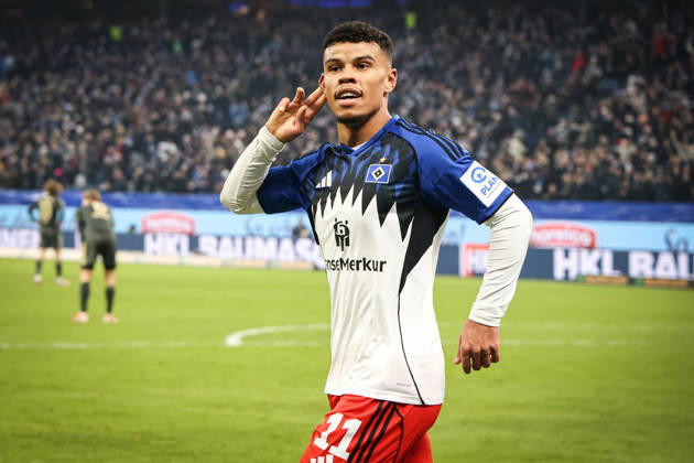 2026.02.14 xfsx Fussball 1. Bundesliga Hamburger Sportverein - 1.FC Union Berlin v.l. Ransford Koenigsderffer (Hamburger SV ,11) feiert sein Tor zum 3:1 fuer den Hamburger SV (DFL regulations prohibit any use of photographs as image sequences and or quasi-video. Copyright: HMBxMedia FernandoxSoares