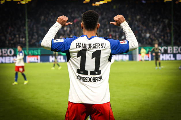 2026.02.14 xfsx Fussball 1. Bundesliga Hamburger Sportverein - 1.FC Union Berlin v.l. . Ransford Koenigsderffer (Hamburger SV ,11) feiert sein Tor zum 3:1 fuer den Hamburger SV (DFL regulations prohibit any use of photographs as image sequences and or quasi-video. Copyright: HMBxMedia FernandoxSoares