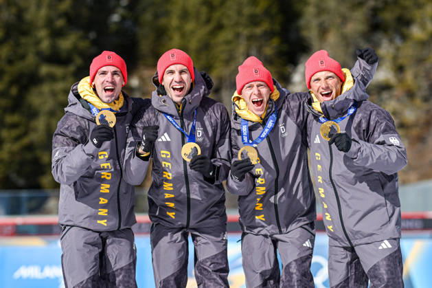 260215 -- ANTERSELVA, Feb. 15, 2026 -- Erik Lesser, Daniel Boehm, Arnd Peiffer and Simon Schempp of Germany, gold medalists for the men s 4x7.5-kilometer biathlon relay race from the 2014 Sochi Winter Olympics, pose for photos with the medals during a reallocation medals ceremony at the 2026 Winter Olympics in Anterselva, Italy, Feb. 15, 2026. MICO2026ITALY-ANTERSELVA-OLYMPIC Winter games, Winterspiele,Spiele, Summer games REALLOCATION MEDALS CEREMONY JiangxHan (MICO2026)ITALY-ANTERSELVA-OLYMPIC WINTER GAMES-REALLOCATION MEDALS CEREMONY IMAGO JiangxHan imago images 0847664215