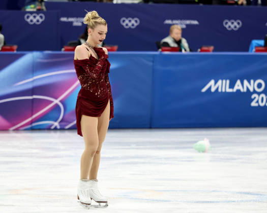 February 17, 2026, Milan, Lombardy, Italy: Amber Glenn of Team United States competes in the womens ice skating short program during the Milano Cortina 2026 Olympic Winter games, Winterspiele,Spiele, Summer games at Milano Ice Skating Arena. Milan Italy - ZUMAm117 20260217_oly_m117_106 Copyright: xDavidxMcIntyrex