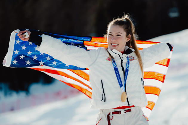 OLYMPICS - Winter Olympic Games, Olympische Spiele, Olympia, OS Milano Cortina 2026 CORTINA D AMPEZZO,ITALY,18.FEB.26 - OLYMPICS, ALPINE SKIING - Winter Olympic Games Milano Cortina 2026, slalom, women, medal ceremony. Image shows the rejoicing of Mikaela Shiffrin (USA). Keywords: medal  GEPAxpictures xAlexanderxSolc