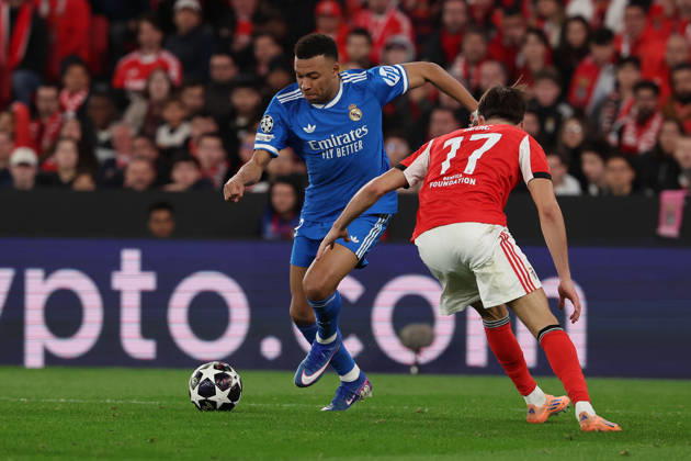 FBL-UEFA Champions League 2025-26 SL Benfica - Real Madrid Kylian Mbappe (Real Madrid), Amar Dedic (S.L.Benfica) battles for the Ball during UEFA Champions League 2025-26 KO play-offs match between Lisboa e Benfica and Real Madrid at Estadio da Luz on Thursday 17 February 2026 in Lisbon, Portugal Copyright: JoaquimxFerreira