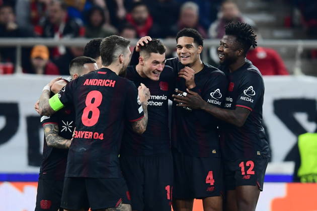 UEFA Champions League - Olympiacos FC vs Bayer 04 Leverkusen - Patrik Schick of Bayer 04 Leverkusen celebrates with his teamates after scoring during the UEFA Champions League Play-Offs 1st leg soccer match between Olympiacos FC and Bayer 04 Leverkusen in Georgios Karaiskakis Stadium, Piraeus, Greece, on 18 February 2026. IMAGO ONE INCH PRODUCTIONS PIRAEUS GREECE Copyright: xONExINCHxPRODUCTIONSx 6860023