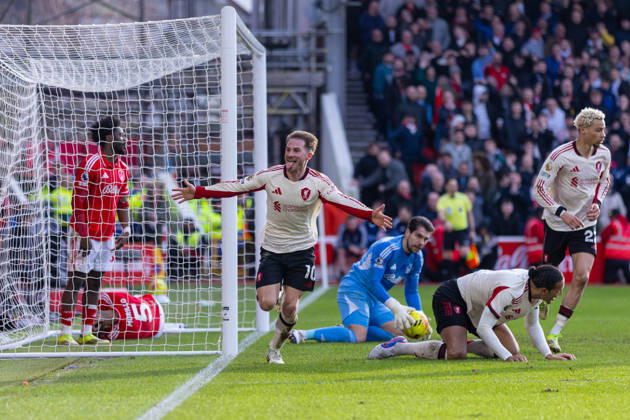 Football - FA Premier League - Nottingham Forest FC v Liverpool FC NOTTINGHAM, ENGLAND - Sunday, February 22, 2026: Liverpool s Alexis Mac Allister celebrates after scoring the first goal during the FA Premier League match between Nottingham Forest FC and Liverpool FC at the City Ground. (Photo by David Rawcliffe Propaganda) NOTTINGHAM City Ground NOTTINGHAMSHIRE ENGLAND Copyright: xDavidxRawcliffex P2026-02-22-Notts_Forest_Liverpool-117