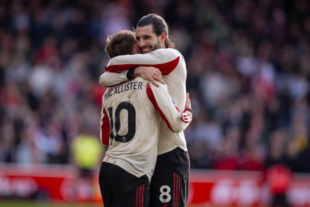 Football - FA Premier League - Nottingham Forest FC v Liverpool FC NOTTINGHAM, ENGLAND - Sunday, February 22, 2026: Liverpool s Alexis Mac Allister celebrates with team-mate Dominik Szoboszlai (R) after scoring the first goal during the FA Premier League match between Nottingham Forest FC and Liverpool FC at the City Ground. (Photo by David Rawcliffe Propaganda) NOTTINGHAM City Ground NOTTINGHAMSHIRE ENGLAND Copyright: xDavidxRawcliffex P2026-02-22-Notts_Forest_Liverpool-125