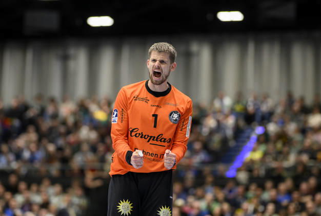 Jubel Torwart Christopher RUDECK (BHC). Handball 1. Bundesliga, 22.Spieltag, Bergischer HC (BHC) - Füchse Berlin (B) 28:35, am 22.02.2026 in Düsseldorf Deutschland. Mitsubishi Electric Halle