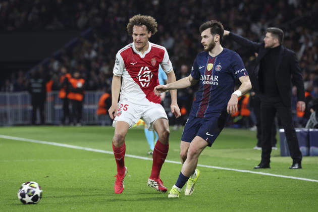 FOOTBALL : Paris Saint Germain Vs AS Monaco - Ligue des Champions - 25 02 2026 Khvicha Kvaratskhelia (PSG) Vs Wout Faes (AS Monaco) ParisFrance Copyright: xMichaelxBaucherx