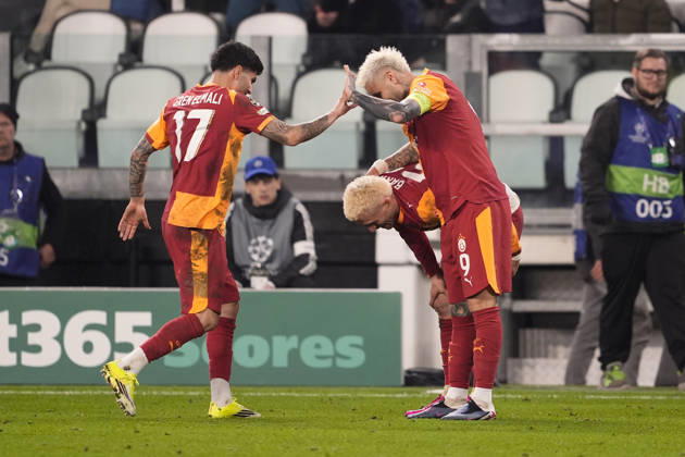 Galatasaray s Baris Yilmaz celebrates after scoring the 3-2 goal for his team during the Uefa Champions League soccer match between Juventus and Galatasaray at the Allianz Stadium in Turin, playoff 2 2, north west Italy - January 25, 2026. - Soccer  Copyright: xFabioxFerrari LaPressex