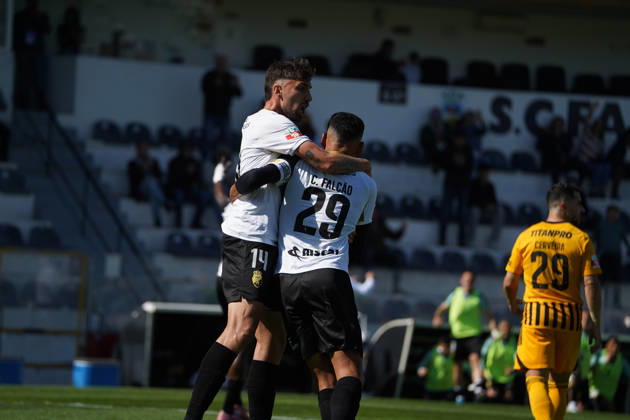 Liga Portugal 2 Meu Super Round 24 football match between SC Farense and Lusitania Lourosa FC, Faro, Portugal Faro, Portugal. 1 st Mar, 2026. Claudio Falcao SC Farense player, celebrating with Dario Poveda the first goal of the match for his team, during the SC Farense 2 - 1 Lusitano Lourosa FC Round 24 match for the football Liga Portugal 2 Meu Super. Nuno Pires Veloso Alamy Live News. Copyright: xNunoxPiresxVelosox
