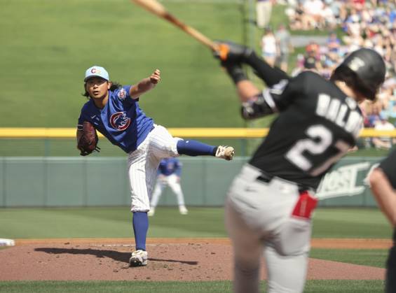 MLB, Baseball Herren, USA spring training game Chicago Cubs Shota Imanaga pitches in the first inning of a spring training game against the Chicago White Sox in Mesa, Arizona, on March 1, 2026. A14AA0005339982P