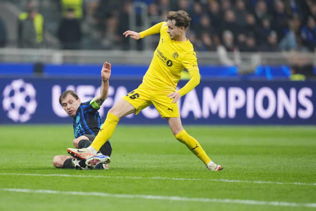 Inter Milan™s Nicolo Barella fights for the ball Glimt™s Hakon Evjen during the Uefa Champions League soccer match between Inter and Bodo Glimt at the San Siro Stadium in Milan , north Italy - Tuesday , February 24 , 2026. - Soccer . Copyright: xSpada LaPressex