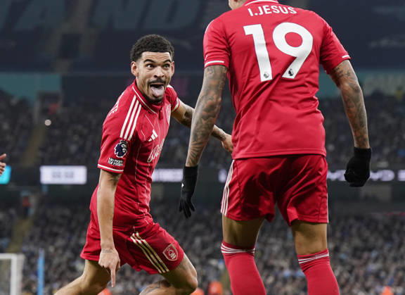 Manchester, England, 4th March 2026. Morgan Gibbs White of Nottingham Forest celebrates the equalising goal during the Manchester City vs Nottingham Forest Premier League match at the Etihad Stadium, Manchester. Picture credit should read: Andrew Yates Sportimage EDITORIAL USE ONLY. No use with unauthorised audio, video, data, fixture lists, club league logos or live services. Online in-match use limited to 120 images, no video emulation. No use in betting, games or single club league player publications. SPI_068_AY_Manchester_City_Forest SPI-4576-0067
