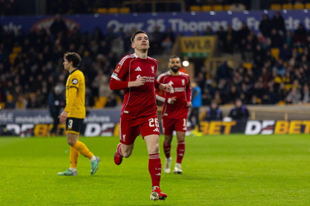 Football - FA Cup - 5th Round - Liverpool FC v Wolverhampton Wanderers FC WOLVERHAMPTON, ENGLAND - Friday, March 6, 2026: Liverpool s Andy Robertson celebrates after scoring the first goal during the FA Cup 5th Round match between Liverpool FC and Wolverhampton Wanderers FC at Molineux. (Photo by David Rawcliffe Propaganda) WOLVERHAMPTON Molineux WEST MIDLANDS ENGLAND Copyright: xPropagandaxPhotoxAgencyx P2026-03-06-Wolves_Liverpool-81