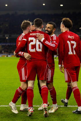 Football - FA Cup - 5th Round - Liverpool FC v Wolverhampton Wanderers FC WOLVERHAMPTON, ENGLAND - Friday, March 6, 2026: Liverpool s Andy Robertson celebrates wuth team-mate Mohamed Salah after scoring the first goal during the FA Cup 5th Round match between Liverpool FC and Wolverhampton Wanderers FC at Molineux. (Photo by David Rawcliffe Propaganda) WOLVERHAMPTON Molineux WEST MIDLANDS ENGLAND Copyright: xPropagandaxPhotoxAgencyx P2026-03-06-Wolves_Liverpool-83