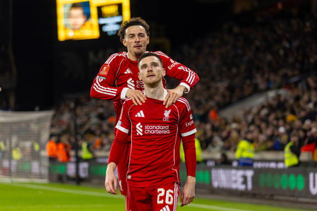 Football - FA Cup - 5th Round - Liverpool FC v Wolverhampton Wanderers FC WOLVERHAMPTON, ENGLAND - Friday, March 6, 2026: Liverpool s Andy Robertson (R) celebrates with team-mate Curtis Jones after scoring the first goal during the FA Cup 5th Round match between Liverpool FC and Wolverhampton Wanderers FC at Molineux. (Photo by David Rawcliffe Propaganda) WOLVERHAMPTON Molineux WEST MIDLANDS ENGLAND Copyright: xPropagandaxPhotoxAgencyx P2026-03-06-Wolves_Liverpool-87