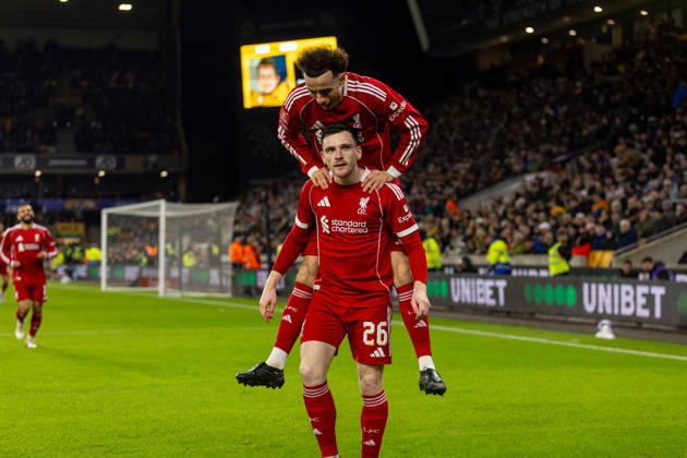 Football - FA Cup - 5th Round - Liverpool FC v Wolverhampton Wanderers FC WOLVERHAMPTON, ENGLAND - Friday, March 6, 2026: Liverpool s Andy Robertson (R) celebrates with team-mate Curtis Jones after scoring the first goal during the FA Cup 5th Round match between Liverpool FC and Wolverhampton Wanderers FC at Molineux. (Photo by David Rawcliffe Propaganda) WOLVERHAMPTON Molineux WEST MIDLANDS ENGLAND Copyright: xPropagandaxPhotoxAgencyx P2026-03-06-Wolves_Liverpool-89