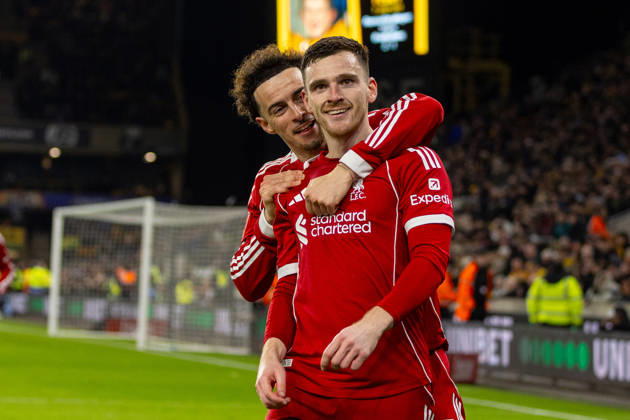 Football - FA Cup - 5th Round - Liverpool FC v Wolverhampton Wanderers FC WOLVERHAMPTON, ENGLAND - Friday, March 6, 2026: Liverpool s Andy Robertson (R) celebrates with team-mate Curtis Jones after scoring the first goal during the FA Cup 5th Round match between Liverpool FC and Wolverhampton Wanderers FC at Molineux. (Photo by David Rawcliffe Propaganda) WOLVERHAMPTON Molineux WEST MIDLANDS ENGLAND Copyright: xPropagandaxPhotoxAgencyx P2026-03-06-Wolves_Liverpool-90