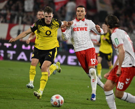 07.03.2026, xophax, Fussball 1.Bundesliga, 1.FC Koeln - Borussia Dortmund Nico Schlotterbeck ( Bor. Dortmund ) , links und Said El Mala , rechts ( 1.FC Köln ) (DFL DFB REGULATIONS PROHIBIT ANY USE OF PHOTOGRAPHS as IMAGE SEQUENCES and or QUASI-VIDEO) Koeln
