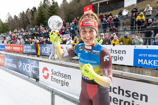 picture: Overall World Cup Winner: Julia Taubitz (GER) 08.03.2026 luge 9. FIL Eberspächer Luge World Cup, SachsenEnergie Ice Track Altenberg, Sachsen, Germany (GER) Women™s Singles photographer: FIL Michael Kristen