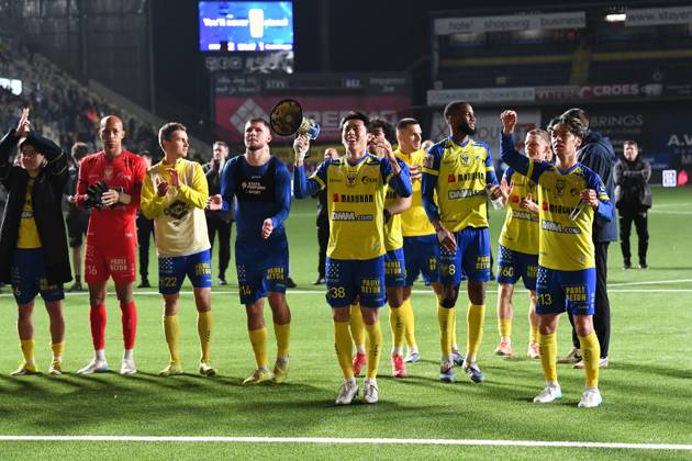 STVV s players celebrate after winning a soccer match between Sint-Truidense V.V. and Cercle Brugge, Sunday 08 March 2026 in Sint-Truiden, on day 28 of the 2025-2026 Jupiler Pro League first division of the Belgian championship. JILLxDELSAUX x166894328x