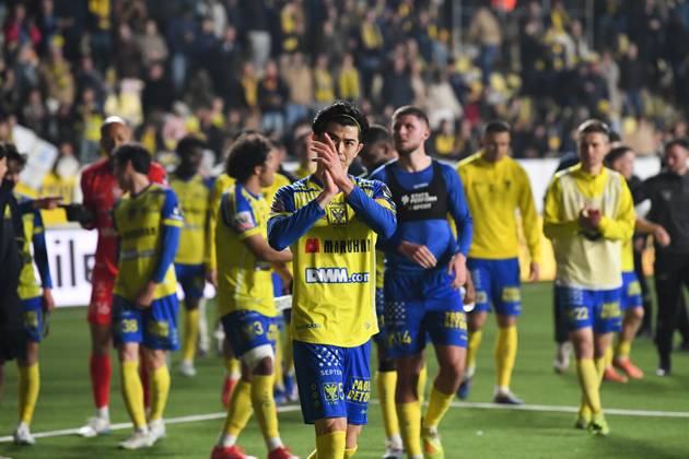 STVV s players celebrate after winning a soccer match between Sint-Truidense V.V. and Cercle Brugge, Sunday 08 March 2026 in Sint-Truiden, on day 28 of the 2025-2026 Jupiler Pro League first division of the Belgian championship. JILLxDELSAUX x166894336x