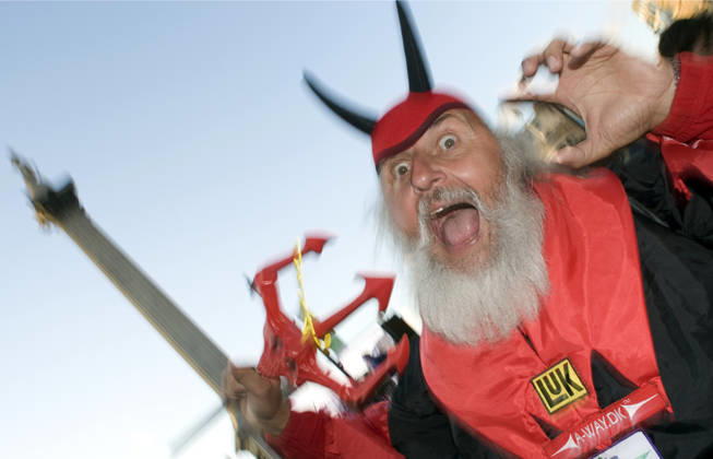 July 7, 2007 - London, England, United Kingdom - A German super fan DIDI SENFIT celebrates the opening stage of the 2007 Tour de France in Trafalgar Square in his us Devil attire. England s first time hosting the first stage of the elite Le Tour de France. Copyright: xScottxMcxKiernanx