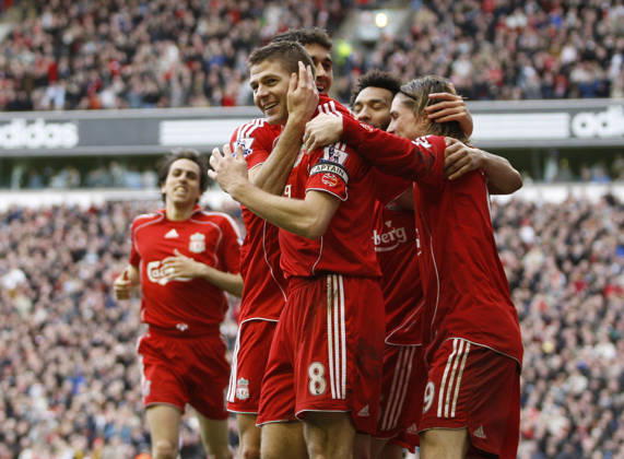 Steven Gerrard of Liverpool celebrates scoring the third goal Copyright: x-x