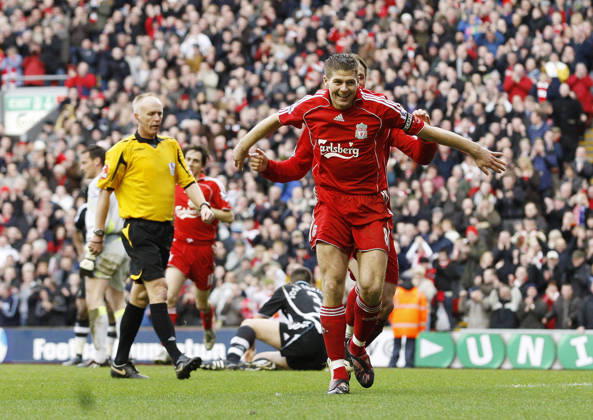 Steven Gerrard of Liverpool celebrates scoring the third goal Copyright: x-x