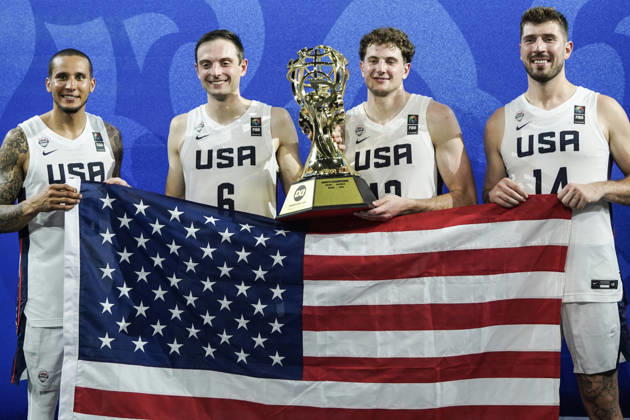 FIBA 3x3 Champions Cup 2026 USA s players James Parrott, Justin Pierce, Caden Pierce, and Riley Battin celebrate with a trophy during a medal ceremony after winning the Men s FIBA Basketball 3x3 Champions Cup 2026 final match between the United States and Spain in Bangkok, Thailand, on March 15, 2026. Bangkok Bangkok Thailand  Copyright: xAnusakxLaowilasx originalFilename:laowilas-notitle260315_npJjt.jpg