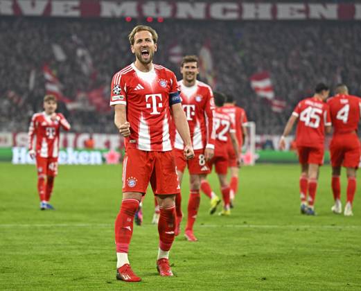 18.03.2026, Fussball UEFA Championsleague 2025 2026: Achtelfinale Rückspiel, FC Bayern München - Atalanta Bergamo, in der Allianz-Arena München, Harry Kane (FC Bayern München) jubelt.