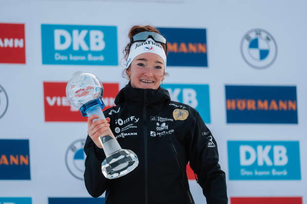 19.03.26, BMW IBU World Cup Biathlon Oslo, 7.5km Sprint Women, 2025 2026 season Lou Jeanmonnot (FRA) celebration with the trophy for the Sprint World Cup during the award ceremony Olso Holmenkollen National Ski Arena Oslo Norway