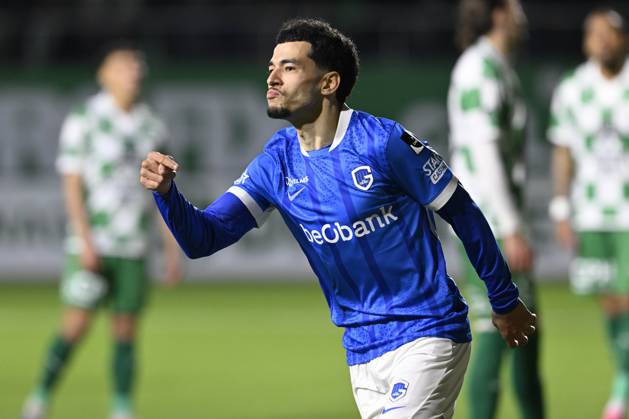 RAAL La Louviere v KRC Genk - Jupiler Pro League LA LOUVIERE, BELGIUM - MARCH 22 : El Ouahdi Zakaria defender of KRC Genk celebrates scoring a goal during the Jupiler Pro League match between RAAL La Louviere and KRC Genk on March 22, 2026 in La Louviere, Belgium, 22 03 2026 La Louviere Belgium  Copyright: xDhax