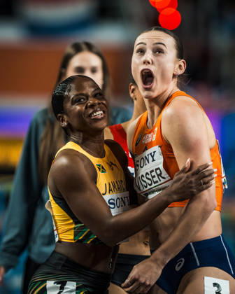 KUJAWY POMORZE, POLAND - MARCH 22: Nadine Visser of the Netherlands, right, reacts after the final of the womens 60 m hurdles at the World Athletics Indoor Championships Kujawy Pomorze 26 at Kujawsko-Pomorska Arena Torun on March 22, 2026 in Kujawy Pomorze, Poland. Copyright: xUlfxSchillerx