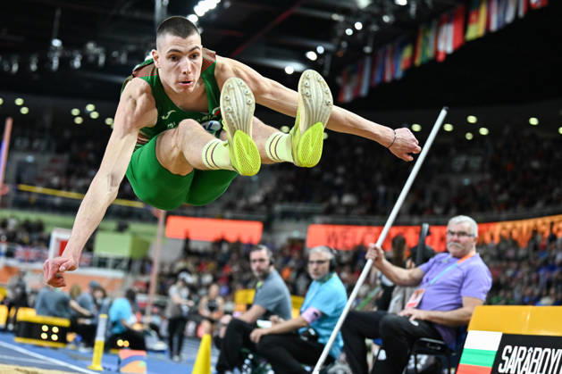 (260323) -- TORUN, March 23, 2026 -- Bozhidar Saraboyukov of Bulgaria competes during the men s long jump final at the 2026 World Athletics Indoor Championships in Torun, Poland, March 22, 2026. ) (SP)POLAND-TORUN-ATHLETICS-WORLD ATHLETICS INDOOR CHAMPIONSHIPS-LONG JUMP-MEN ZhangxHaofu 